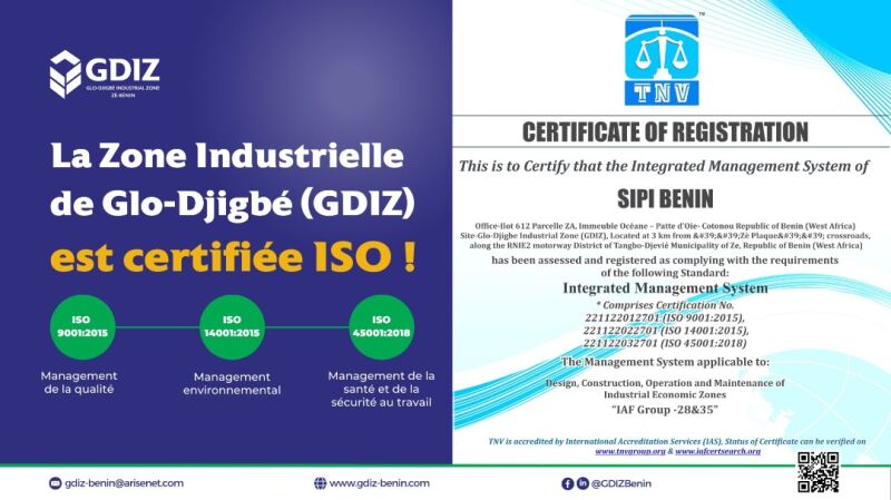 GDIZ:  La Société d’Investissement et de la Promotion de l’Industrie (SIPI-Bénin S.A.) obtient trois certifications