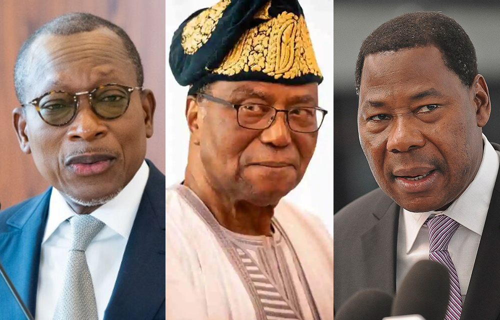 De gauche à droite : Patrice Talon, président de la République du Bénin — deux ex-président du Bénin : Nicéphore Soglo et Boni Yayi.